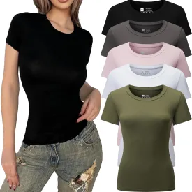 5pcs Women's Short Sleeve Slim Fit Y2K T Shirt Crew Neck Bodycon Crop Tunics Going Out Tops