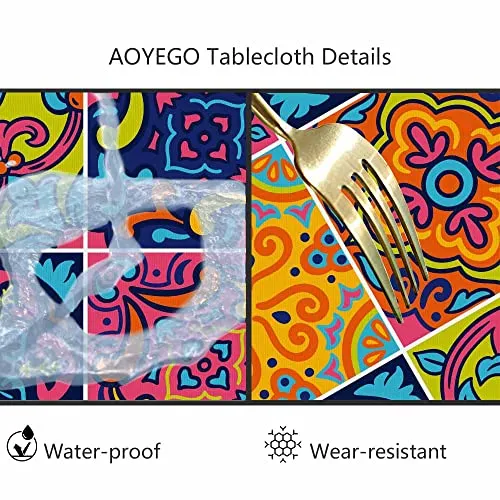 AOYEGO Arabesque Checkered Tablecloth Round Colorful Table Cloth 60 Inch Barcelona Floral Tablecloths Polyester Classic for Dining Room, Party, Banquet