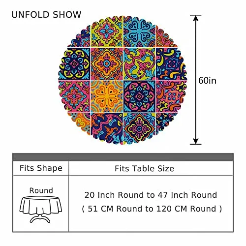 AOYEGO Arabesque Checkered Tablecloth Round Colorful Table Cloth 60 Inch Barcelona Floral Tablecloths Polyester Classic for Dining Room, Party, Banquet