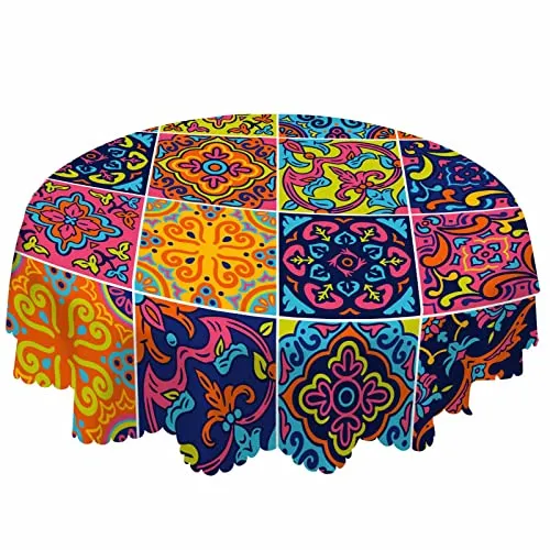 AOYEGO Arabesque Checkered Tablecloth Round Colorful Table Cloth 60 Inch Barcelona Floral Tablecloths Polyester Classic for Dining Room, Party, Banquet
