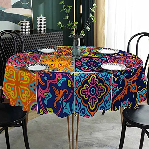 AOYEGO Arabesque Checkered Tablecloth Round Colorful Table Cloth 60 Inch Barcelona Floral Tablecloths Polyester Classic for Dining Room, Party, Banquet