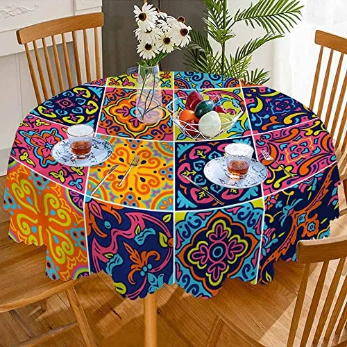 AOYEGO Arabesque Checkered Tablecloth Round Colorful Table Cloth 60 Inch Barcelona Floral Tablecloths Polyester Classic for Dining Room, Party, Banquet