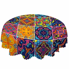 AOYEGO Arabesque Checkered Tablecloth Round Colorful Table Cloth 60 Inch Barcelona Floral Tablecloths Polyester Classic for Dining Room, Party, Banquet