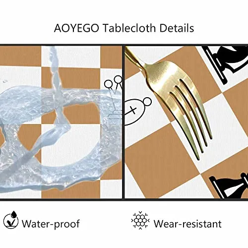 AOYEGO Brown Chessboard Table Cloth King Queen Horse Role Chess Game Round Tablecloth 60 Inch for Dining Room, Party, Banquet