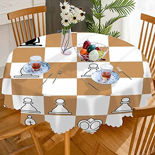 AOYEGO Brown Chessboard Table Cloth King Queen Horse Role Chess Game Round Tablecloth 60 Inch for Dining Room, Party, Banquet