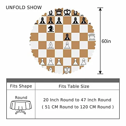 AOYEGO Brown Chessboard Table Cloth King Queen Horse Role Chess Game Round Tablecloth 60 Inch for Dining Room, Party, Banquet