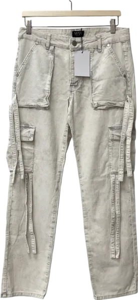 boohooMan Cream Relaxed Strap Detail Acid Wash Corduroy Trousers UK XS