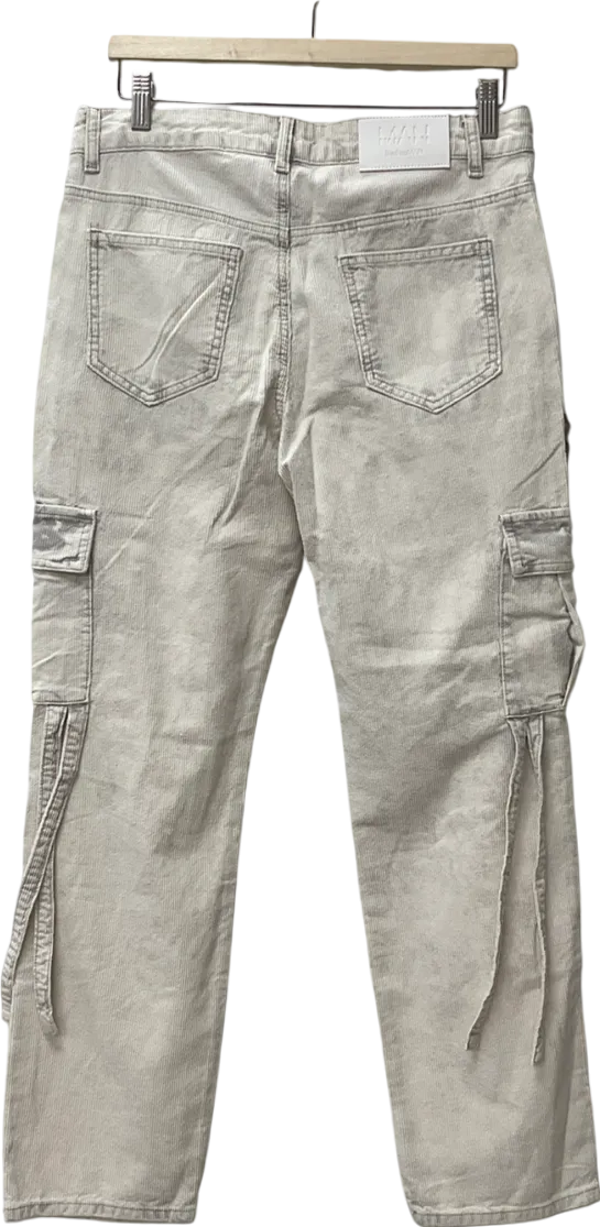 boohooMan Cream Relaxed Strap Detail Acid Wash Corduroy Trousers UK XS