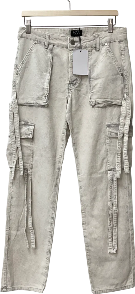 boohooMan Cream Relaxed Strap Detail Acid Wash Corduroy Trousers UK XS