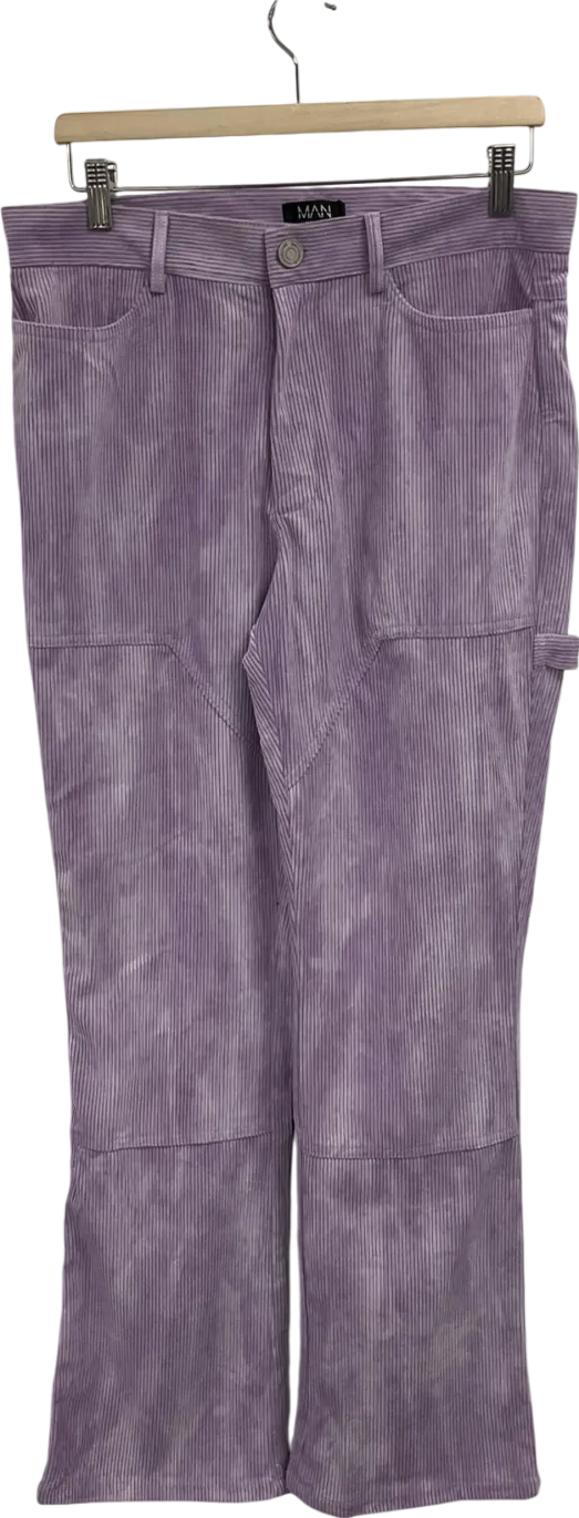 boohooMan Purple Fixed Waist Slim Flare Tie Dye Corduroy Trouser W34