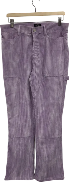 boohooMan Purple Fixed Waist Slim Flare Tie Dye Corduroy Trouser W34