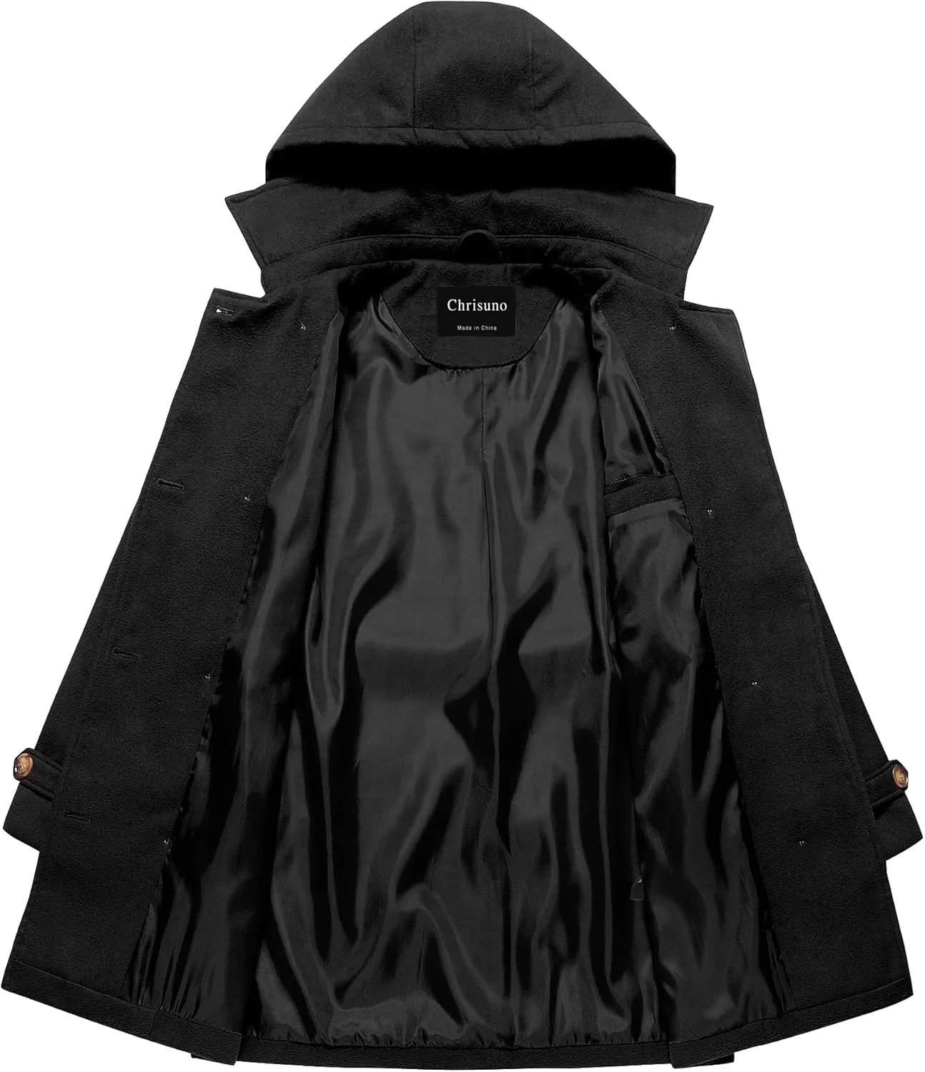 Chrisuno Women's Double Breasted Pea Coat Hooded Long Winter Trench Coat