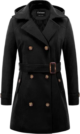 Chrisuno Women's Double Breasted Pea Coat Hooded Long Winter Trench Coat