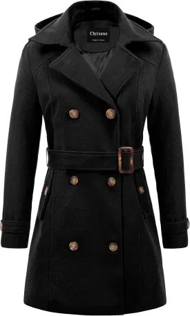 Chrisuno Women's Double Breasted Pea Coat Hooded Long Winter Trench Coat