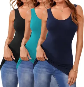Cotton Long Tank Tops for Women Stretchy Sleeveless Layering Camisole Undershirts Running Yoga 3 Packs