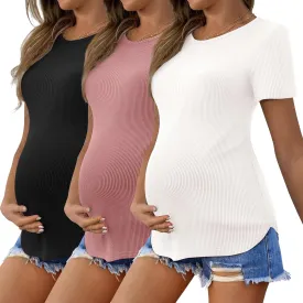 Ekouaer 3 Pack Women Soft Maternity Shirts Ribbed Knit Pregnancy Tops Curved Hem Postpartum Tees Short Sleeve Pregnant Tshirt