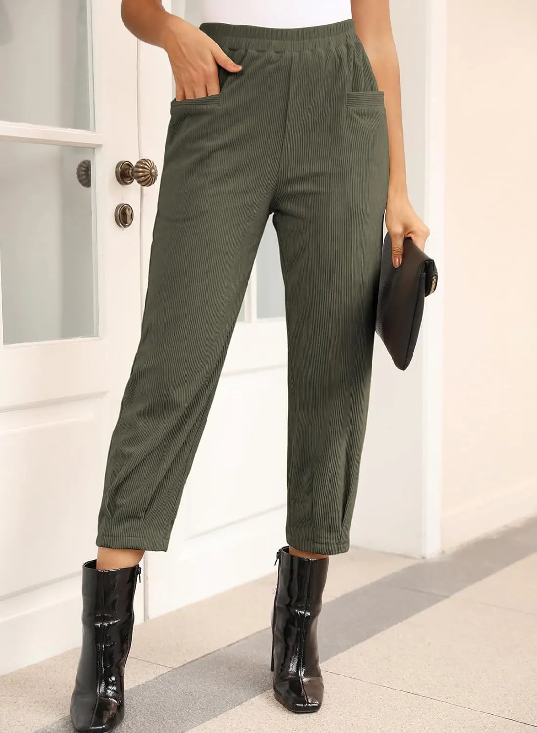 EVALESS Corduroy Pants for Women High Waisted Tapered Work Pull On Ankle Cropped Slacks Trousers with Pockets