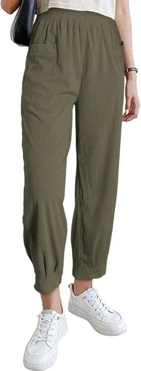 EVALESS Corduroy Pants for Women High Waisted Tapered Work Pull On Ankle Cropped Slacks Trousers with Pockets