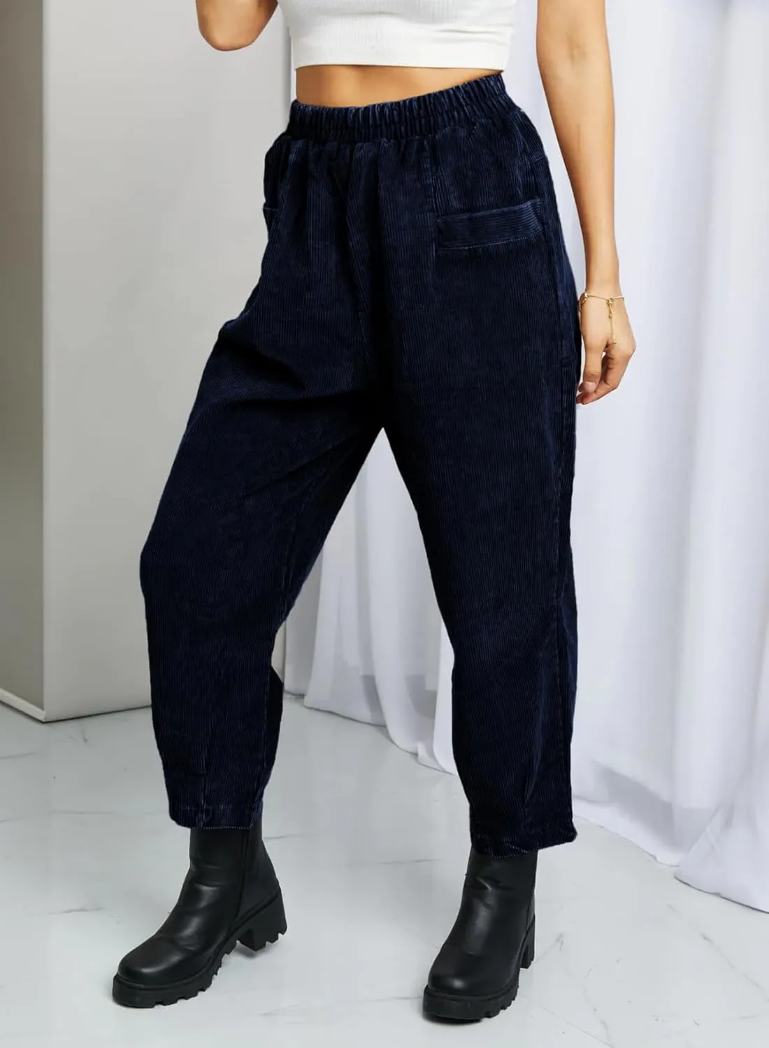 EVALESS Corduroy Pants for Women High Waisted Tapered Work Pull On Ankle Cropped Slacks Trousers with Pockets