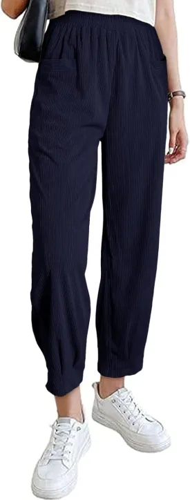 EVALESS Corduroy Pants for Women High Waisted Tapered Work Pull On Ankle Cropped Slacks Trousers with Pockets