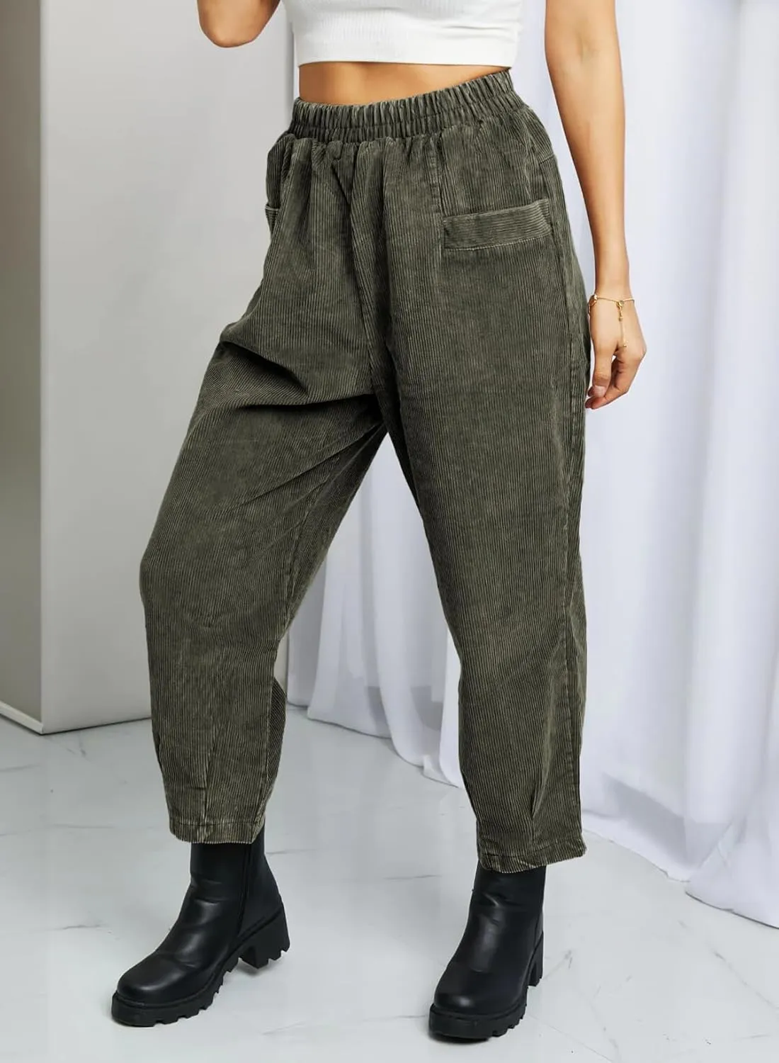 EVALESS Corduroy Pants for Women High Waisted Tapered Work Pull On Ankle Cropped Slacks Trousers with Pockets