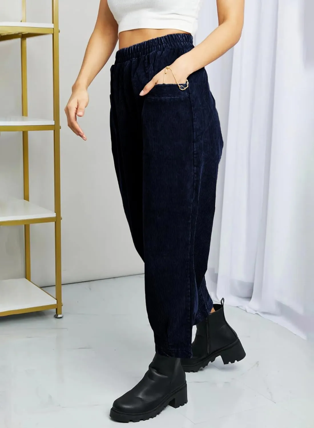 EVALESS Corduroy Pants for Women High Waisted Tapered Work Pull On Ankle Cropped Slacks Trousers with Pockets