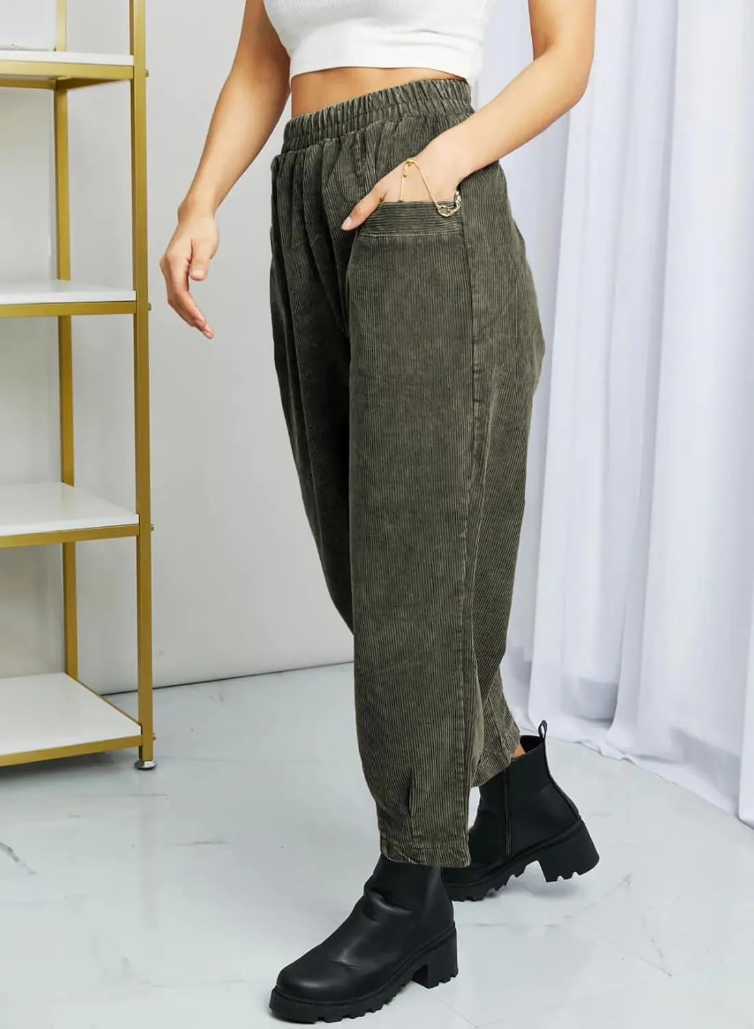 EVALESS Corduroy Pants for Women High Waisted Tapered Work Pull On Ankle Cropped Slacks Trousers with Pockets