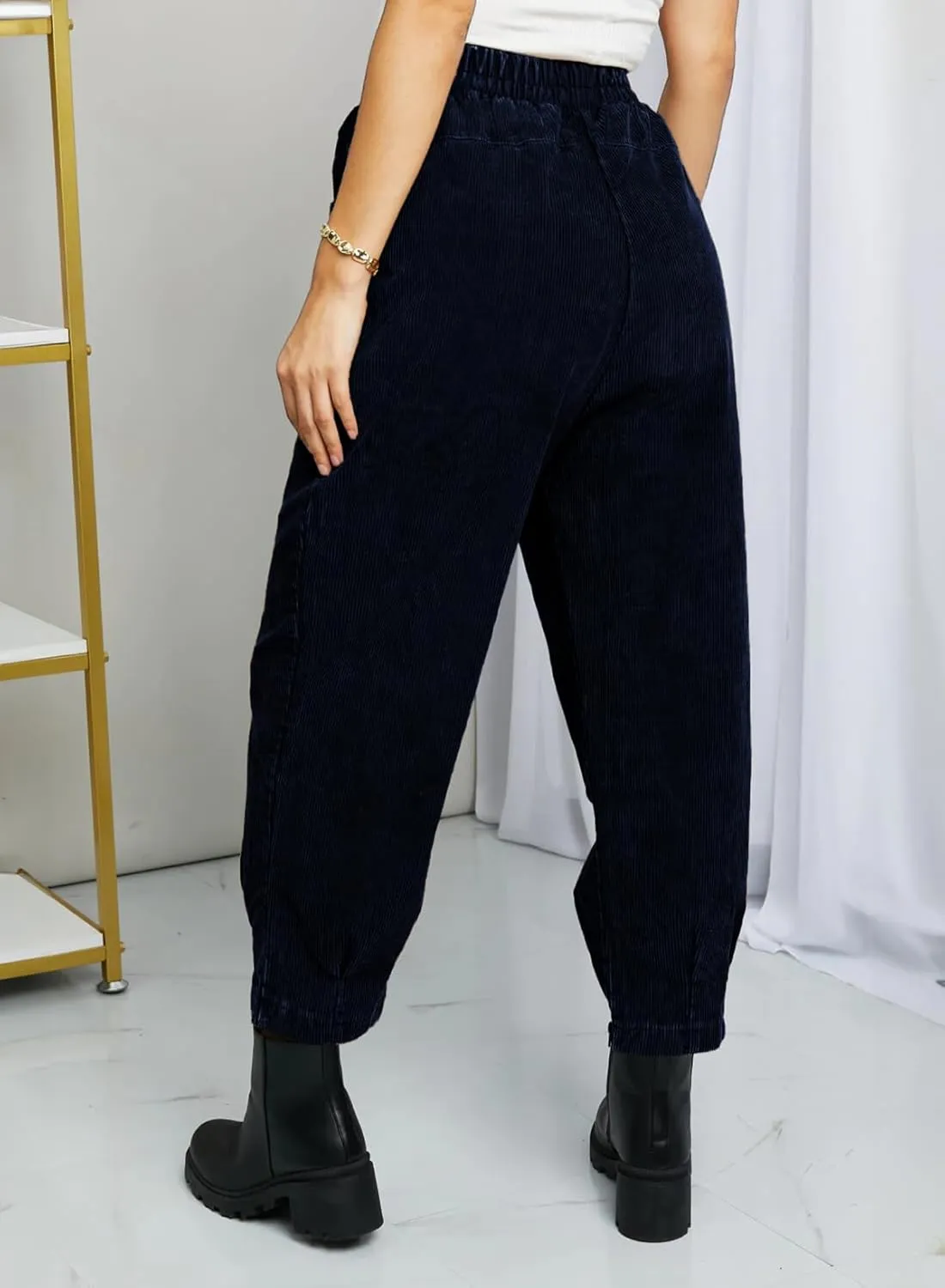 EVALESS Corduroy Pants for Women High Waisted Tapered Work Pull On Ankle Cropped Slacks Trousers with Pockets