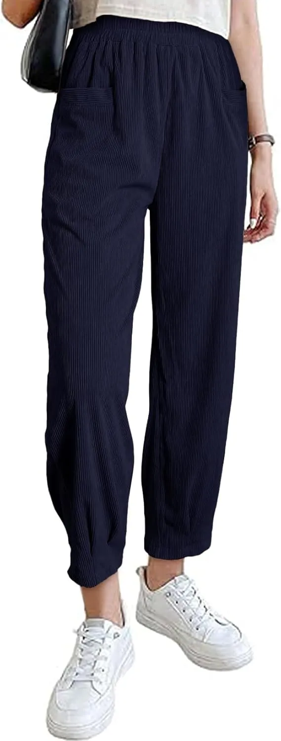 EVALESS Corduroy Pants for Women High Waisted Tapered Work Pull On Ankle Cropped Slacks Trousers with Pockets