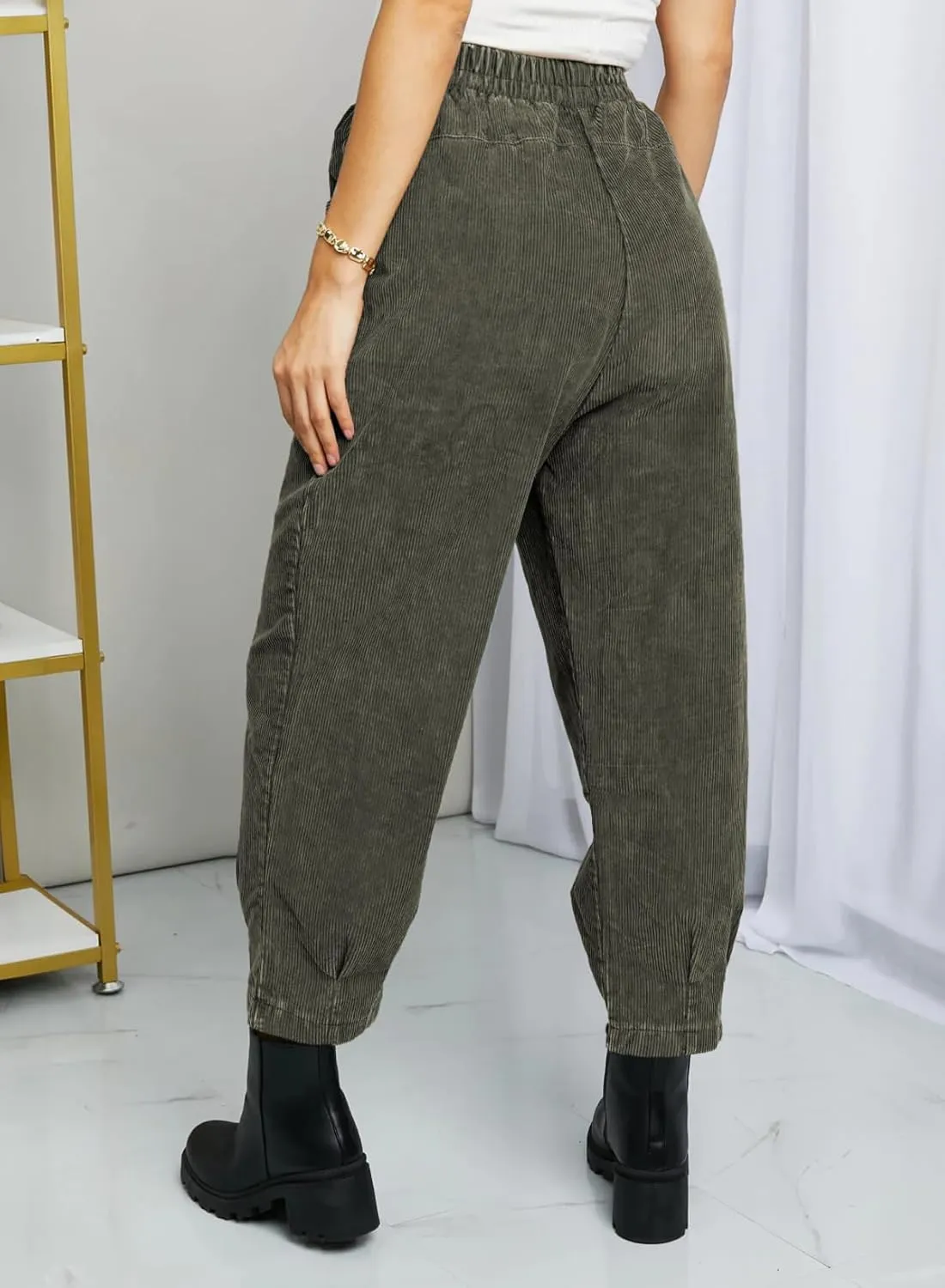 EVALESS Corduroy Pants for Women High Waisted Tapered Work Pull On Ankle Cropped Slacks Trousers with Pockets
