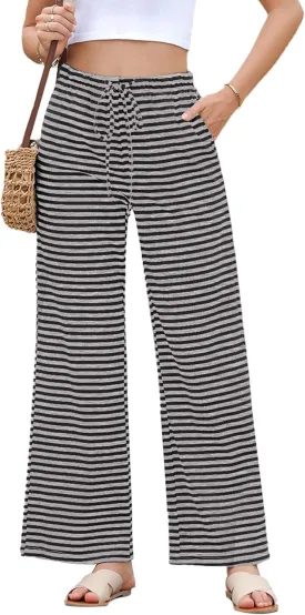 EVALESS Wide Leg Pants for Women Drawstring Elastic Waist Stripe Ribbed Sweatpants with Pockets