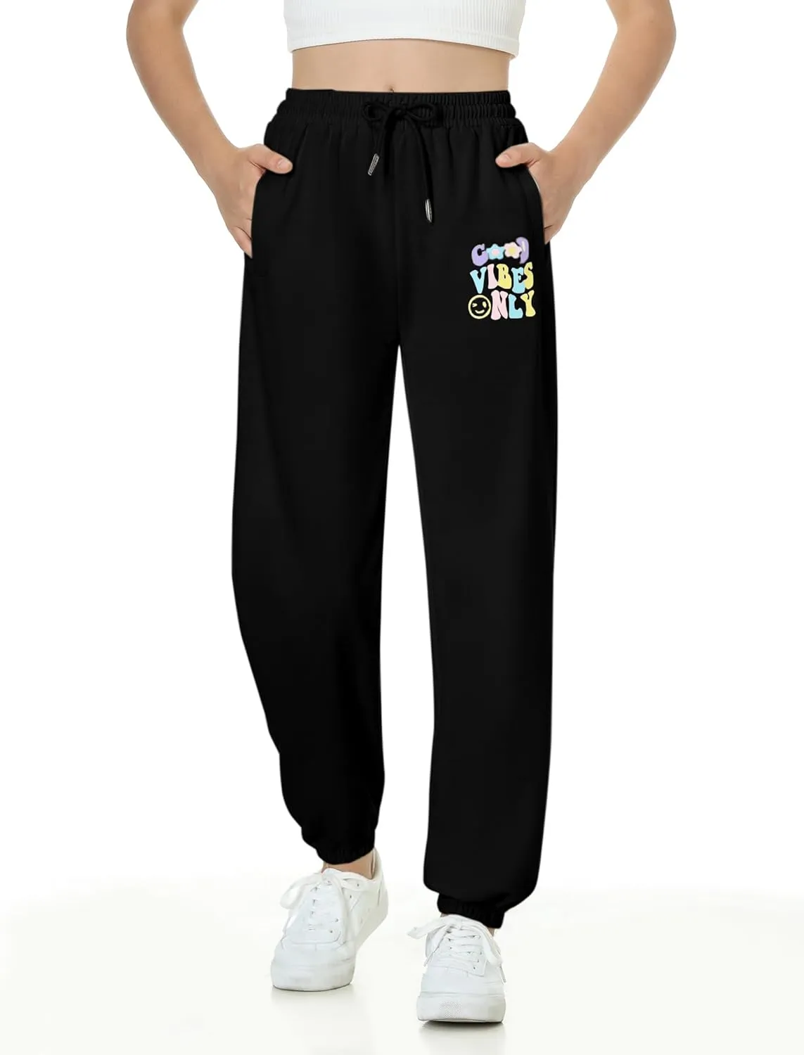 EXARUS 3 Pack Girls Sweatpants Joggers Sweat Pants Letter Graphic Print with Pockets High Waisted Cute Pants