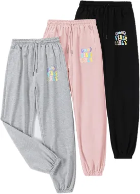 EXARUS 3 Pack Girls Sweatpants Joggers Sweat Pants Letter Graphic Print with Pockets High Waisted Cute Pants