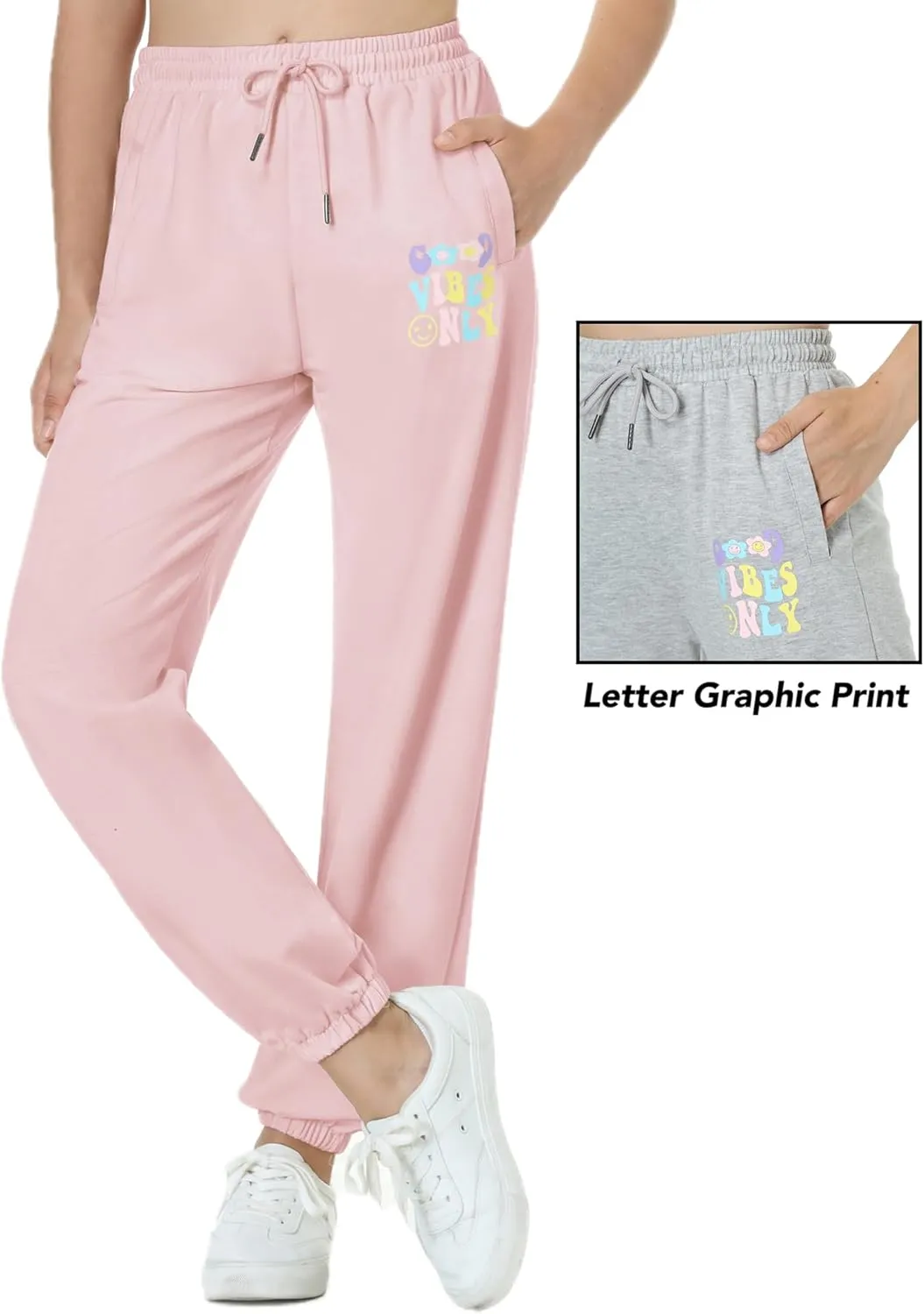 EXARUS 3 Pack Girls Sweatpants Joggers Sweat Pants Letter Graphic Print with Pockets High Waisted Cute Pants