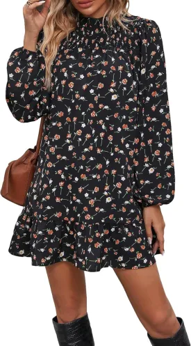 Floerns Women's Floral Print Long Sleeve Mock Neck Ruffle Hem Short Swing Shift Dresses