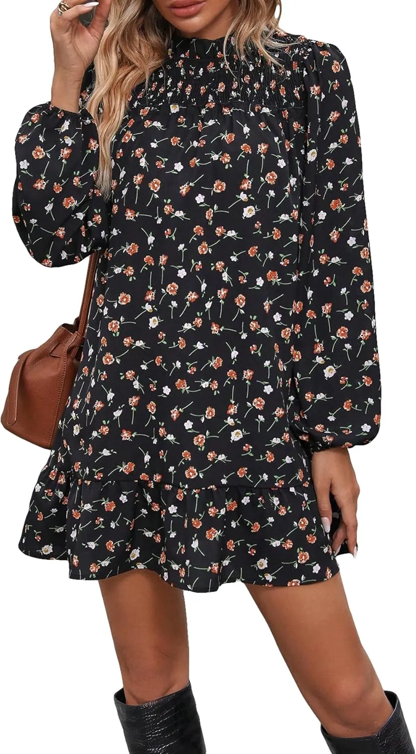 Floerns Women's Floral Print Long Sleeve Mock Neck Ruffle Hem Short Swing Shift Dresses