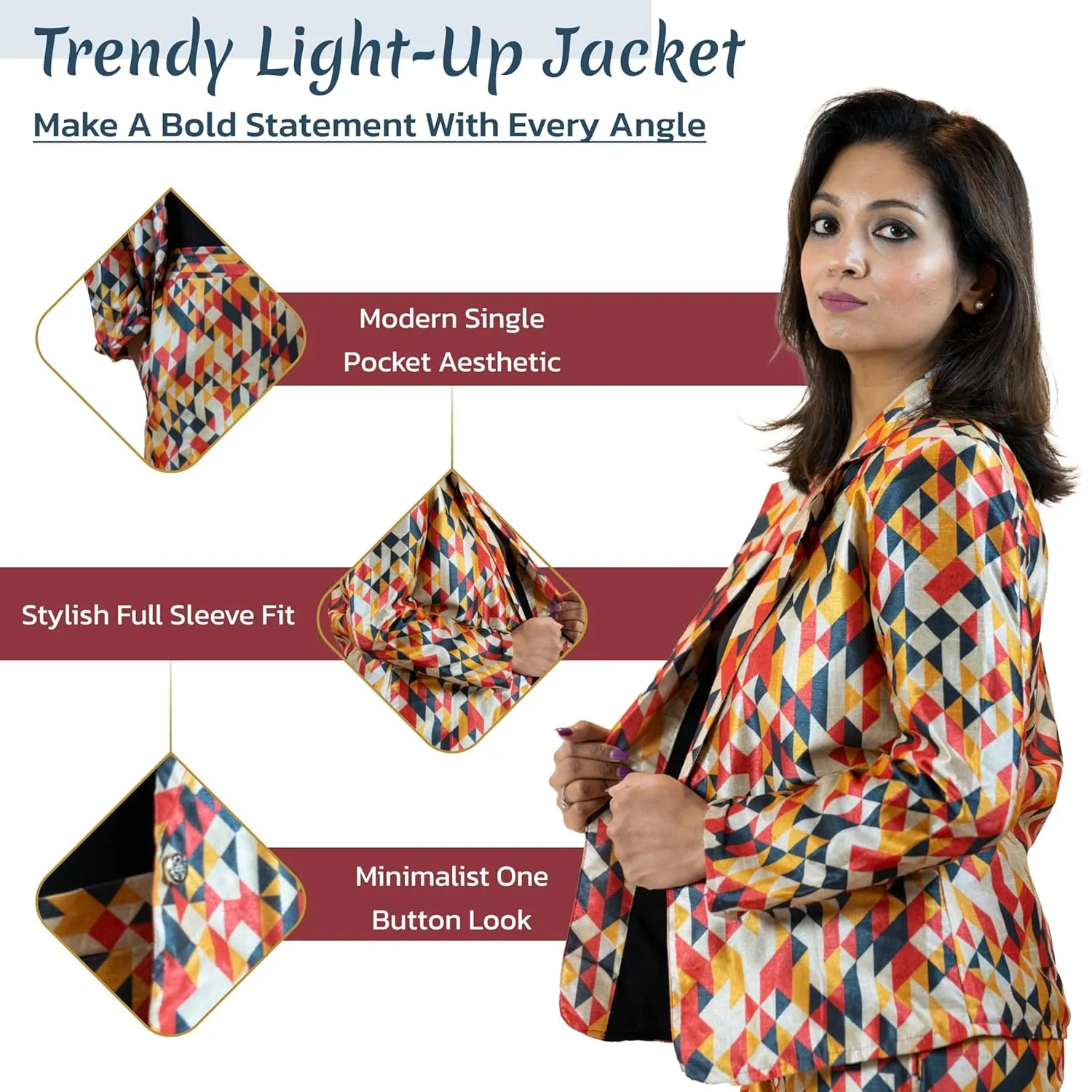 Geometric Womens Blazer  Stylish Blazers for Women in Fall Colors, Featuring Single Button Closure & Full Sleeves (US, Alpha, XX-Large, Regular, Regular, Fall)