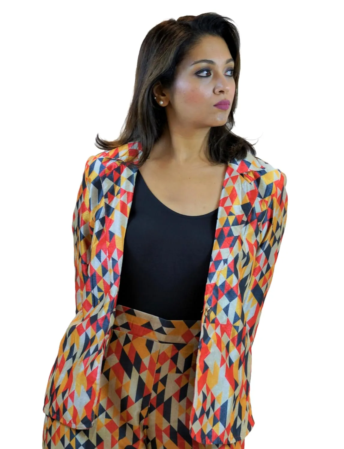 Geometric Womens Blazer  Stylish Blazers for Women in Fall Colors, Featuring Single Button Closure & Full Sleeves (US, Alpha, XX-Large, Regular, Regular, Fall)