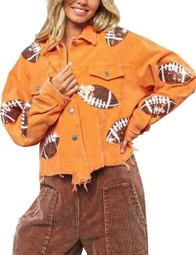 happlan Football Sequin Embroidery Rugby Cropped Frayed Hem Vintage Washed Corduroy Jacket Coat Shacket for Women
