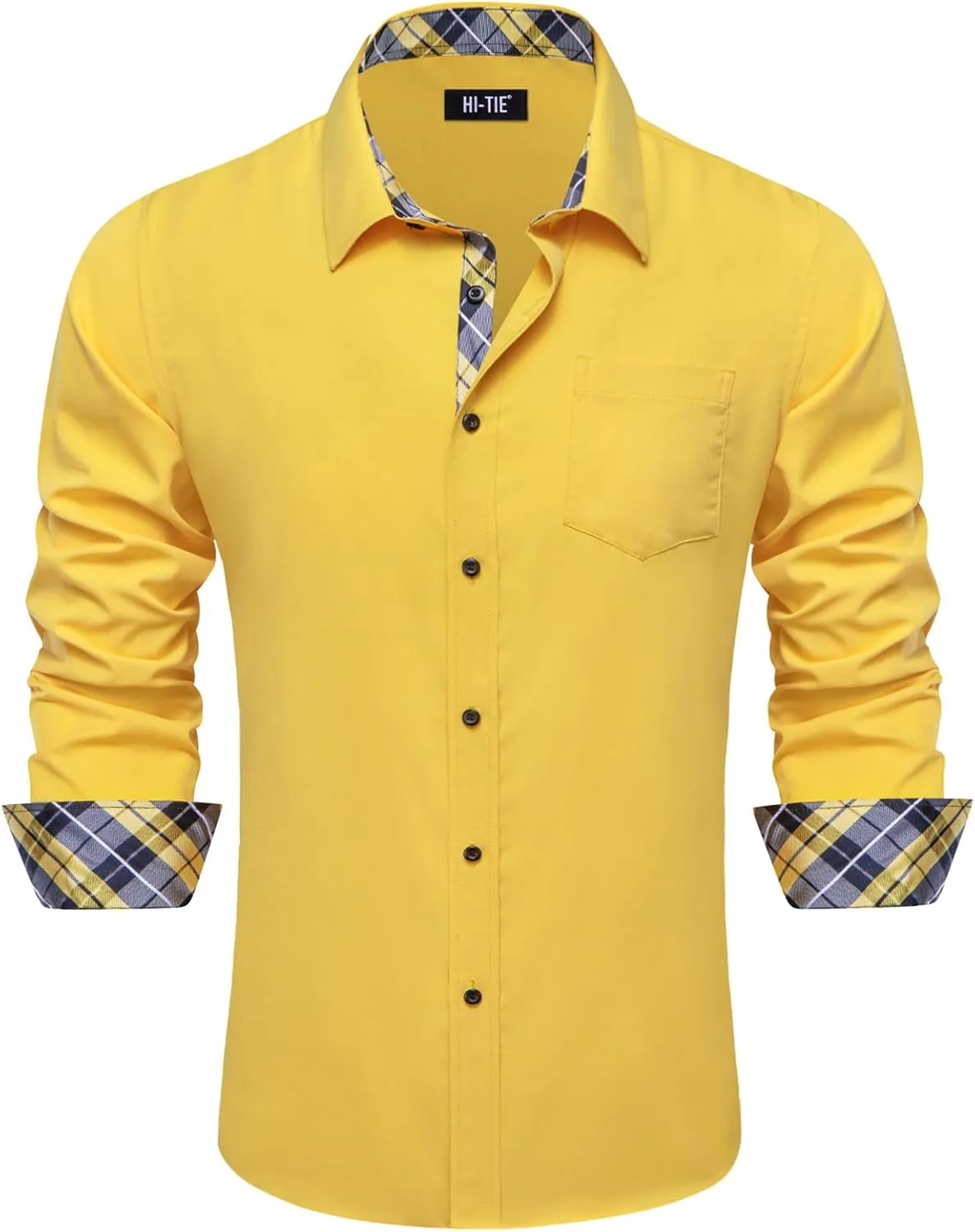 Hi-Tie Mens Dress Shirts Wrinkle Free Inner Contrast Jacquard Long Sleeve Casual Button Down Shirt Business Party Wedding