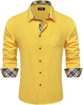 Hi-Tie Mens Dress Shirts Wrinkle Free Inner Contrast Jacquard Long Sleeve Casual Button Down Shirt Business Party Wedding