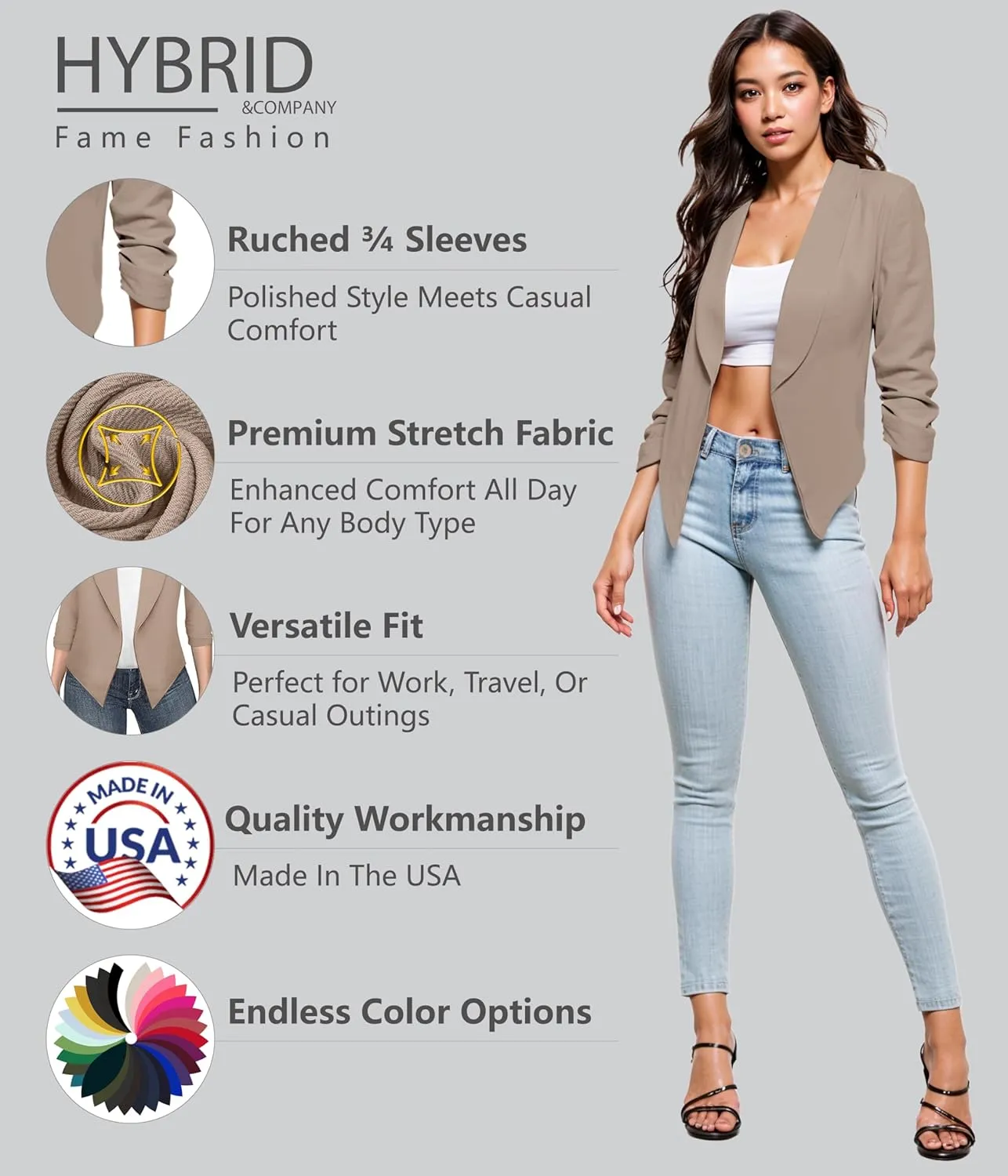 Hybrid & Company Lightweight Open Front Cardigan Classic Ruched Sleeve Work Office Blazer Suit Jackets