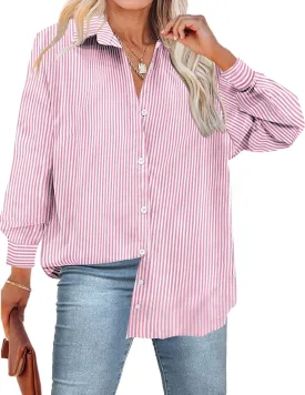 IN'VOLAND Womens Plus Size Button Down Shirt Striped Casual Shirt Long Sleeve Fall Blouse Collared Office Work Blouses Tops