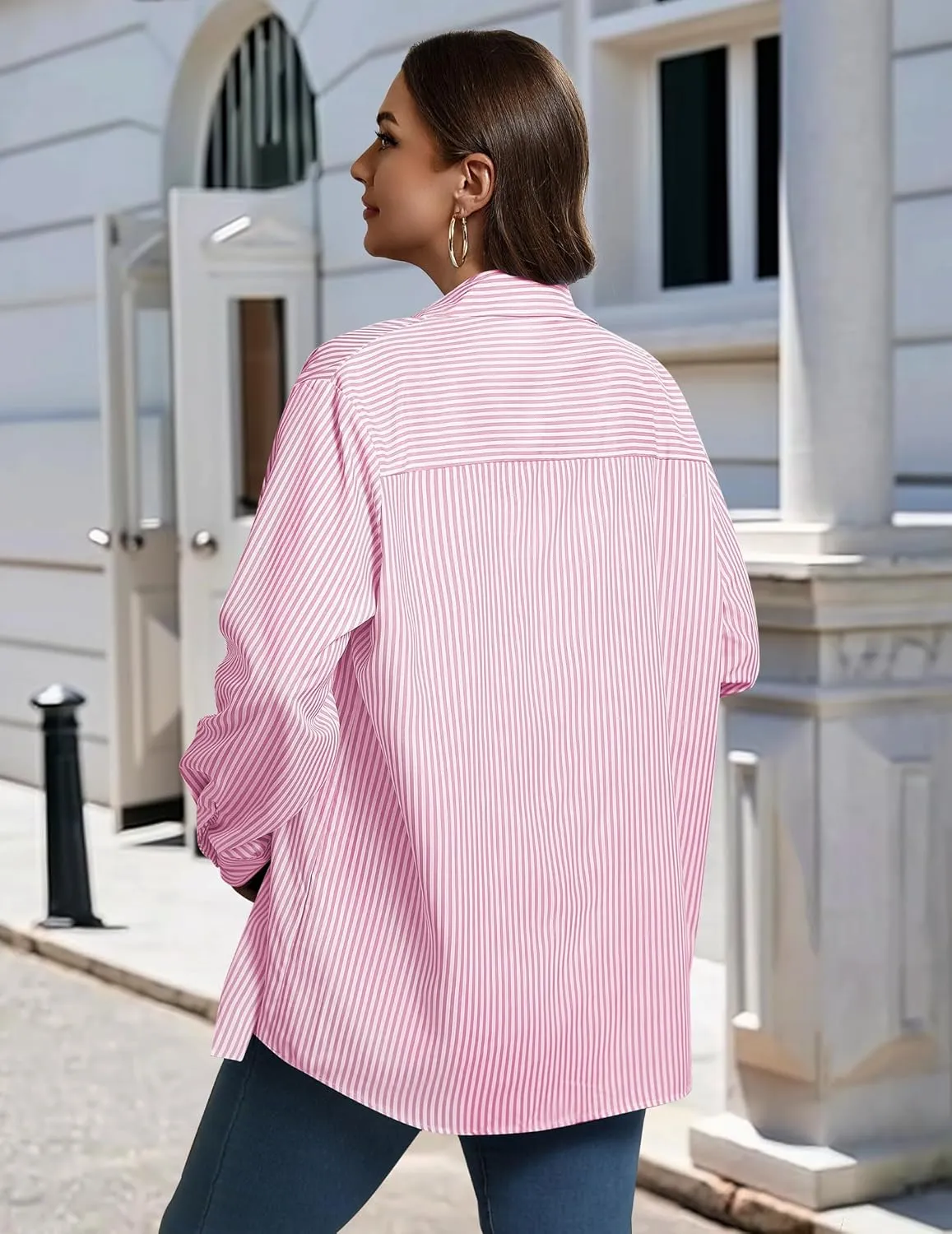 IN'VOLAND Womens Plus Size Button Down Shirt Striped Casual Shirt Long Sleeve Fall Blouse Collared Office Work Blouses Tops