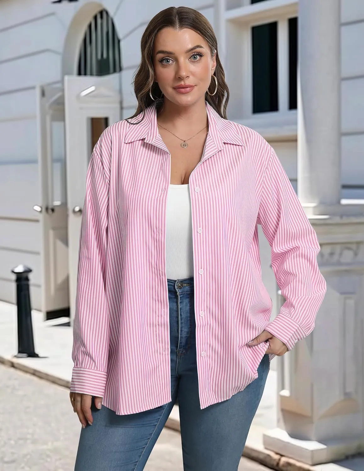 IN'VOLAND Womens Plus Size Button Down Shirt Striped Casual Shirt Long Sleeve Fall Blouse Collared Office Work Blouses Tops
