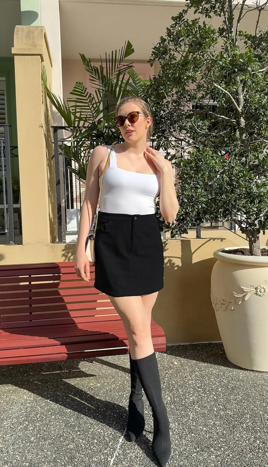 Kate Kasin Women Corduroy Skirt Mini Pencil Skirt Elastic High Waist Skirt with Pockets 2025