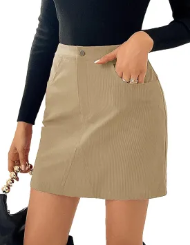 Kate Kasin Women Corduroy Skirt Mini Pencil Skirt Elastic High Waist Skirt with Pockets 2025