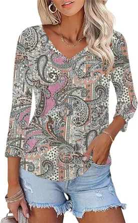 KTILG Women's V Neck T Shirts 3/4 Sleeve Blouse Summer Tops Dressy Casual Solid Basic Tees