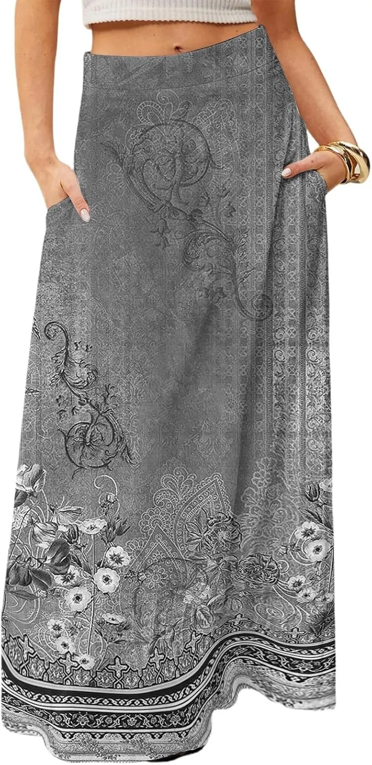 Long Floral Skirts for Women Summer Trendy 2025 Long Flowy A Line Skirt High Elastic Waist Boho Skirts with Pockets Smocked Holiday Dress Beach Vacation Skorts for Woman Frocks Gray XXL