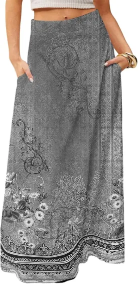 Long Floral Skirts for Women Summer Trendy 2025 Long Flowy A Line Skirt High Elastic Waist Boho Skirts with Pockets Smocked Holiday Dress Beach Vacation Skorts for Woman Frocks Gray XXL